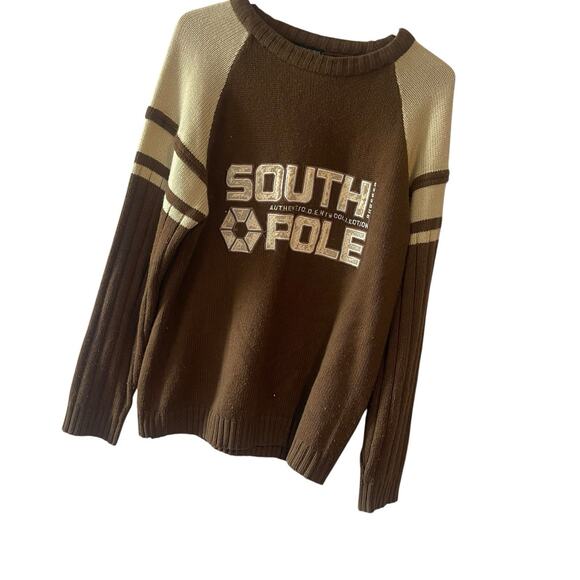 Vintage Y2K SouthPole Sweater Mens Sz XL Pullover Brown Gold Spell Out - Picture 1 of 4